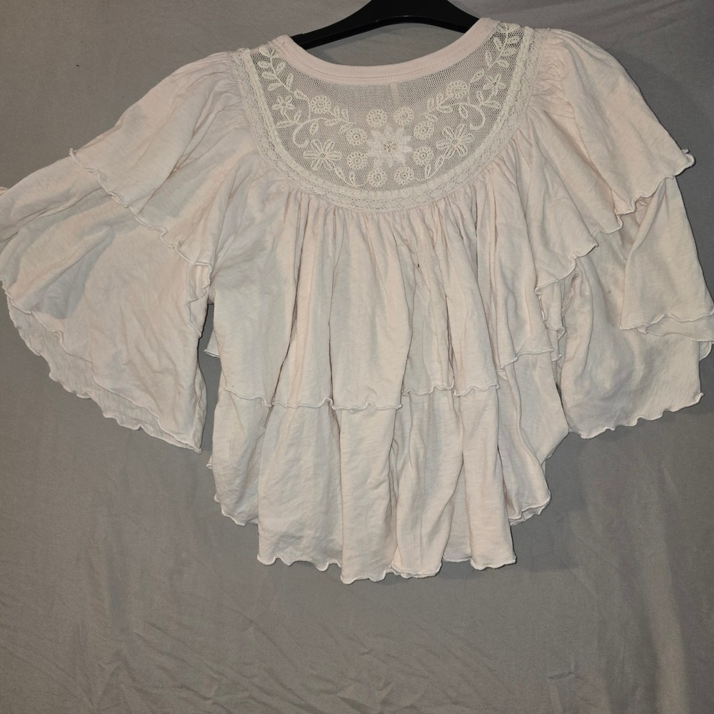 Free People Rose Party Tea Ruffle Blouse Small Ivory Embroidered Tiered Boho Top - Picture 7 of 9
